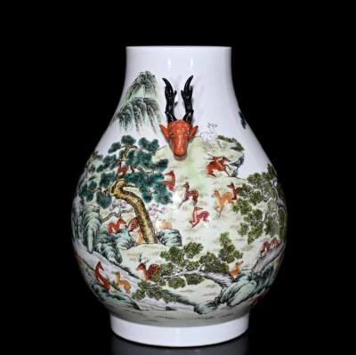 44CM Qianlong Signed Chinese Famille Rose Vase Zun W/ deer N441