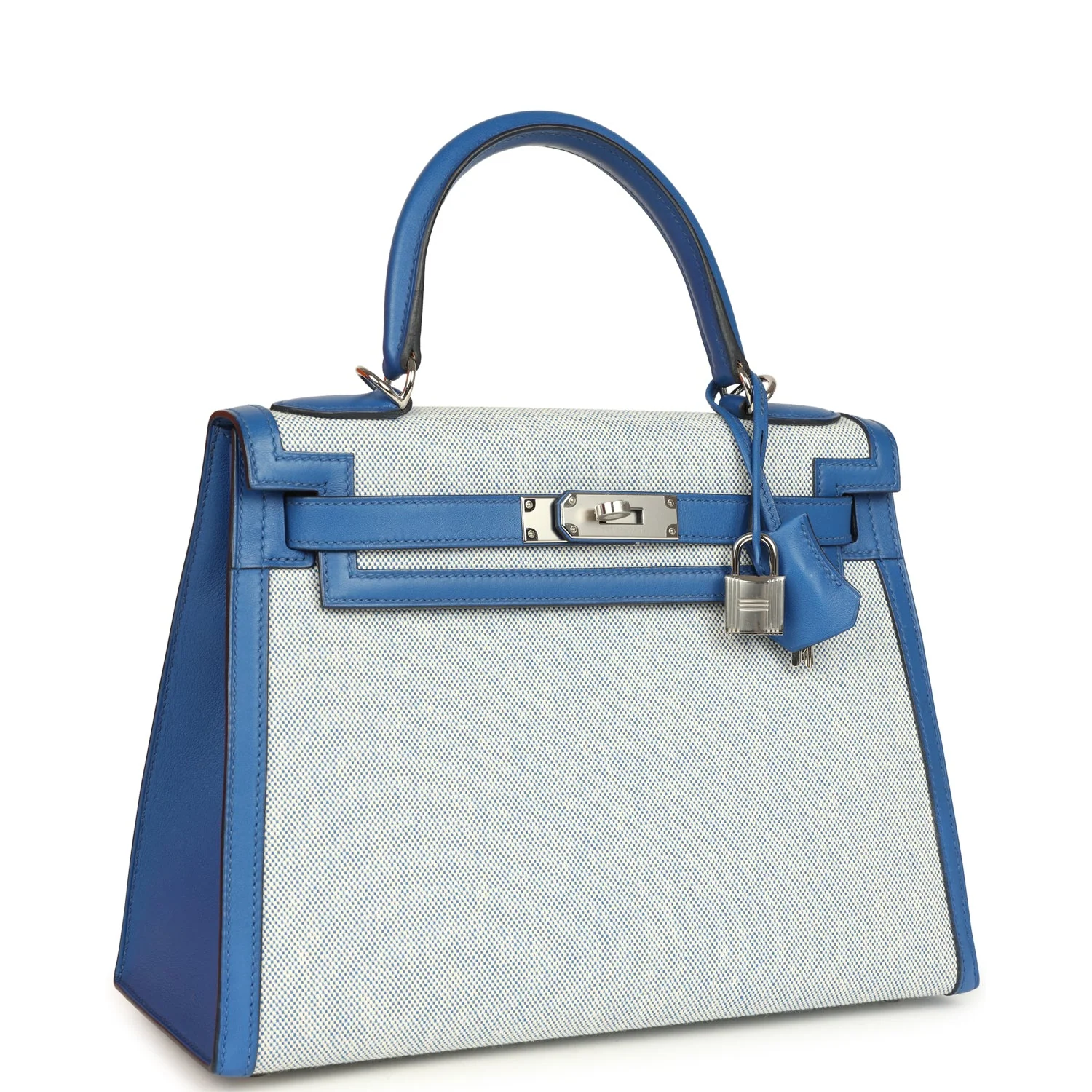 HERMÈS Kelly Sellier 28 Bleu France Swift And Ecru-Bleu Bill Toile H Canvas Palladium Hardware
