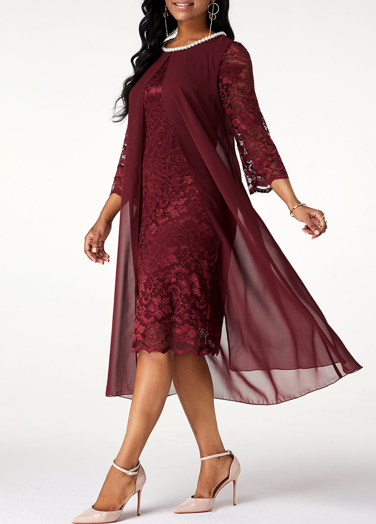 Lace Stitching Pearl 3/4 Sleeve Chiffon Dress