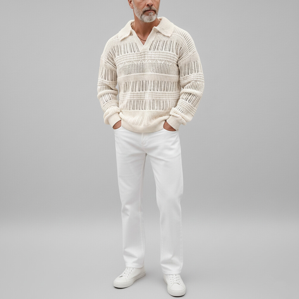 Men's Casual Solid Shirt Collar Hollow Out Crochet Long Sleeve Sweaters