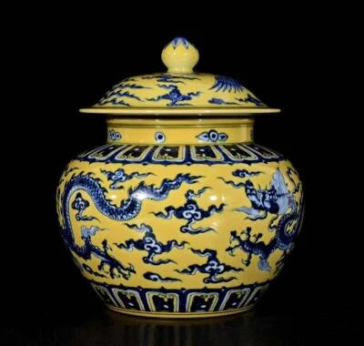 Xuande Singed Old Chinese Yellow Glaze Blue&White Lid Pot W/dragon N3348