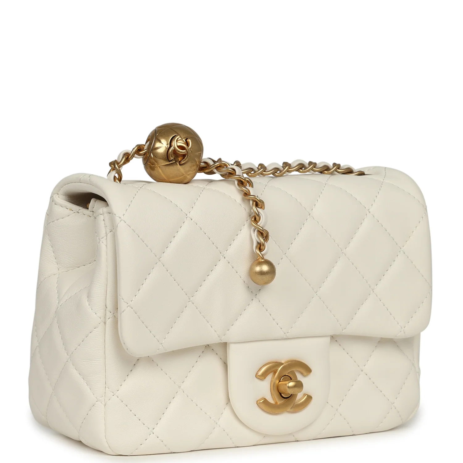 CHANEL Mini Square Pearl Crush Flap Bag White Lambskin Antique Gold Hardware