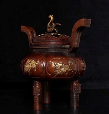 Ming Xuande Signed Old Chinese Red Copper Gilding Incense Burner w/kylin N2682