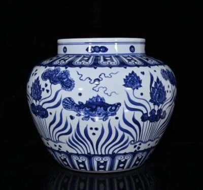 Old Chinese Blue and White Pot W/fish N435