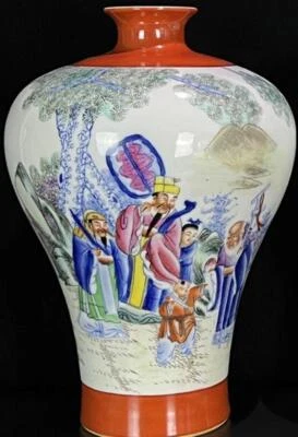 35CM Xianfeng Signed Old Chinese Iron Red Vase W/figure N940