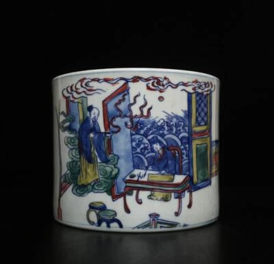 Kangxi Signed Chinese Blue & White Porcelain Brush Pot w/figures