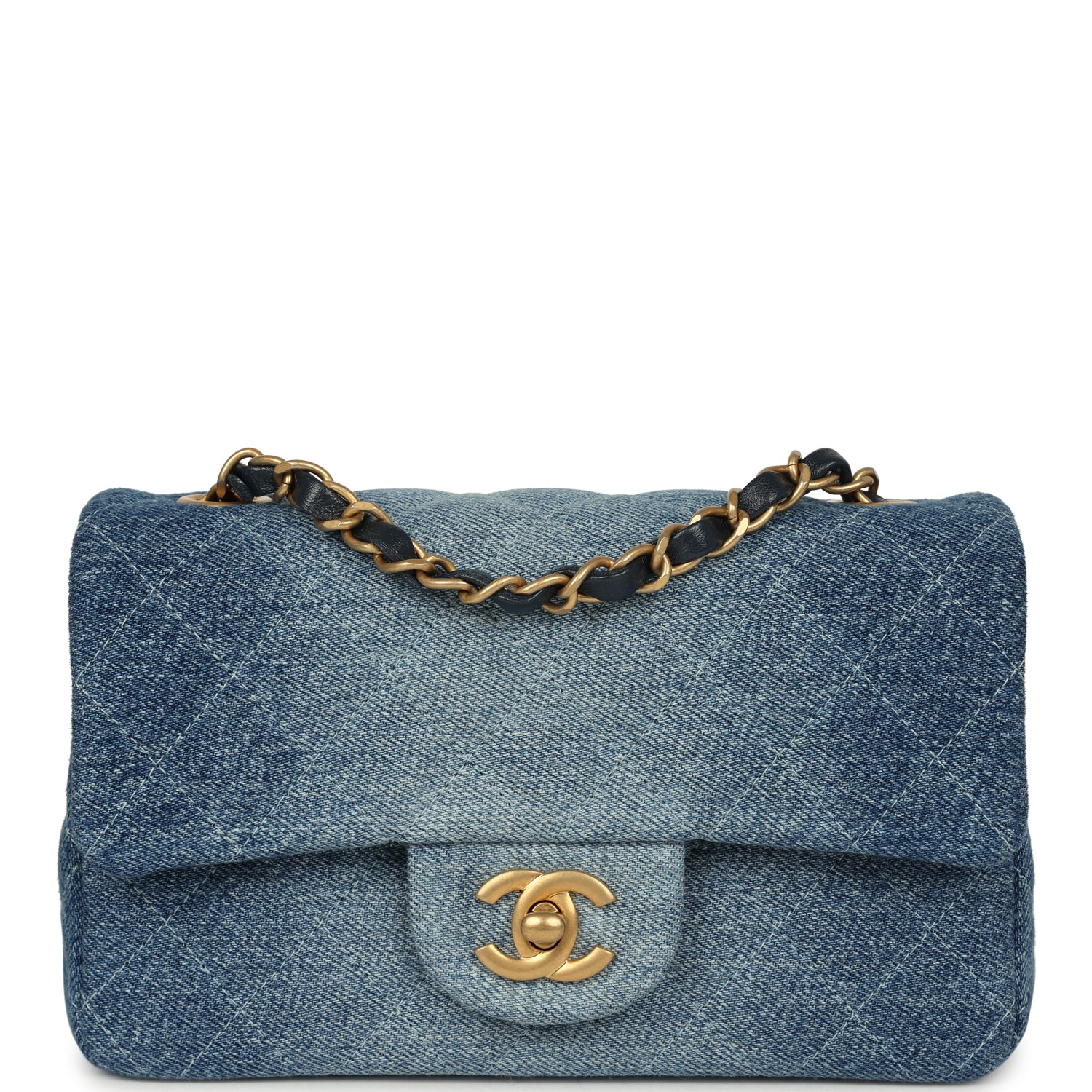 CHANEL Mini Rectangular Flap Bag Blue Ombre Denim Brushed Gold Hardware
