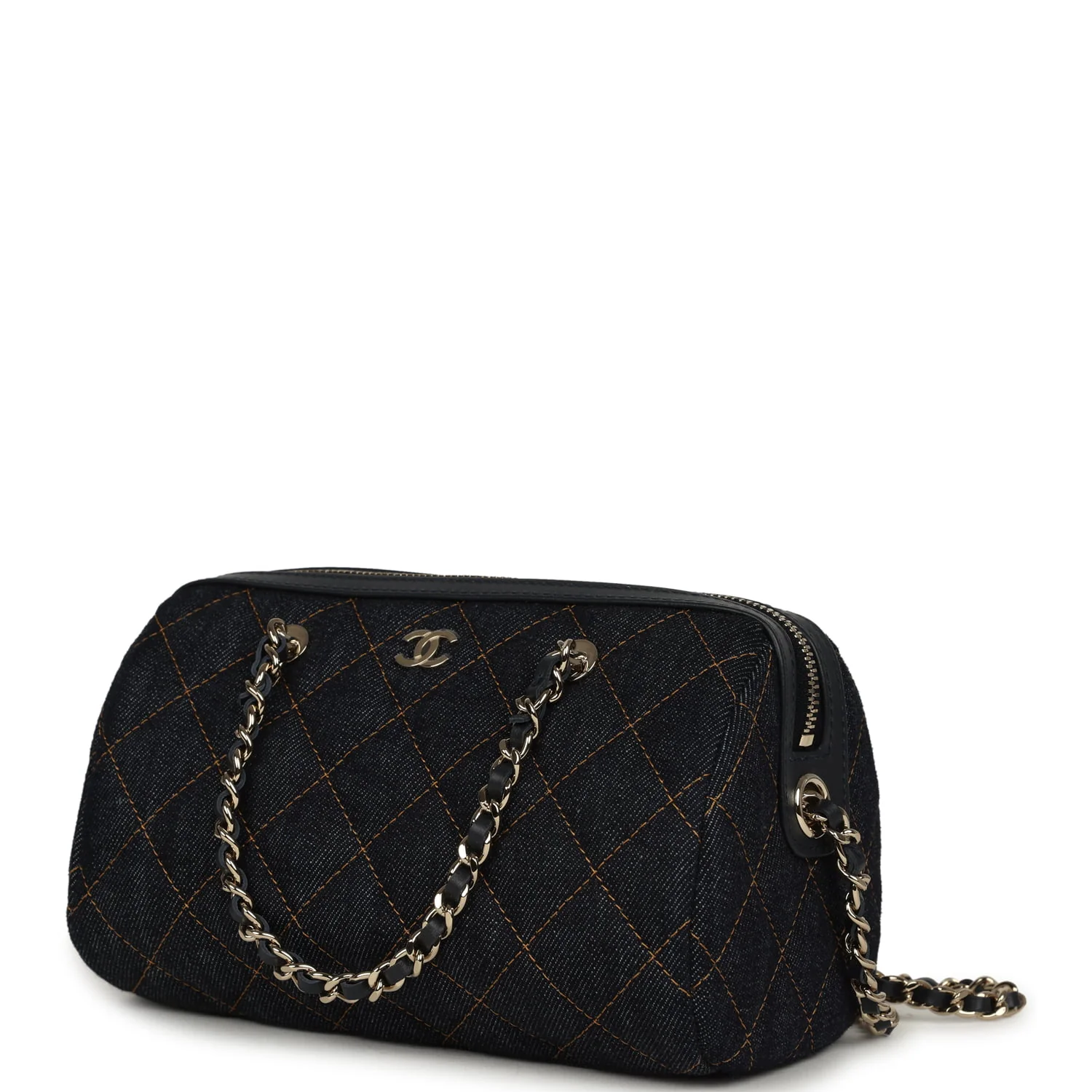 Chanel Mini Timeless Classic Barrel Bag with Chain Dark Blue Denim Light Gold Hardware