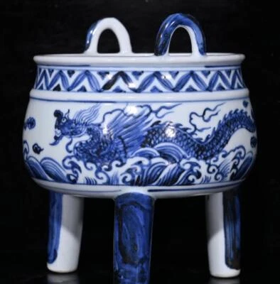 Xuande Signed Old Chinese Blue & White Incense Burner W/dragon N380