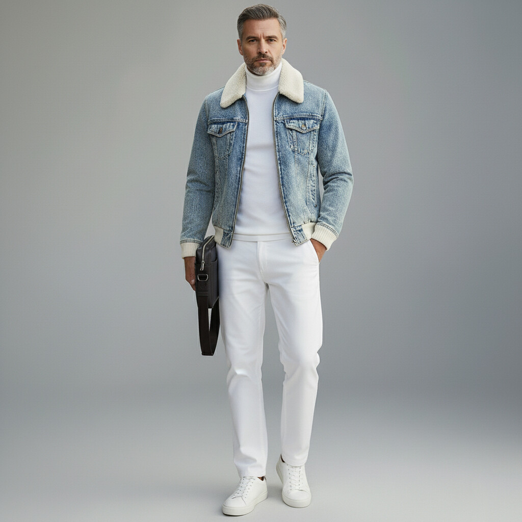 Men's Light Blue Denim Shearling Collar Knit Cuffs Pocket Long Sleeve Zipper Jacket