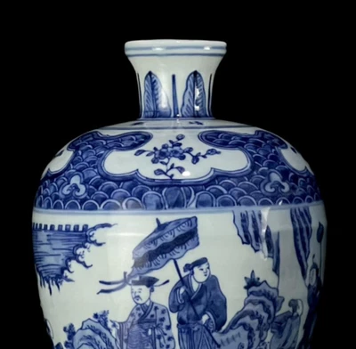 32CM Jiajing Signed Old Chinese Blue and White Vase W/figure N1182