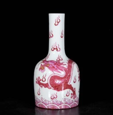 Pair Qianlong Signed Old Chinese Carmine Red Glaze Vase w/dragon N3718