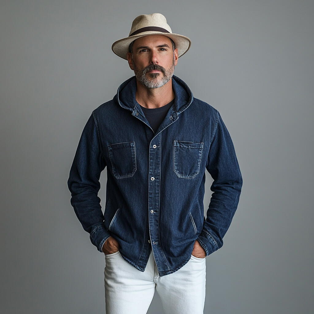 Men's Casual Denim Button Up Long Sleeve Hooded Shirt