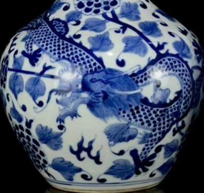 27CM Kangxi Singed Old Chinese Blue and White Vase W/dragon N1268