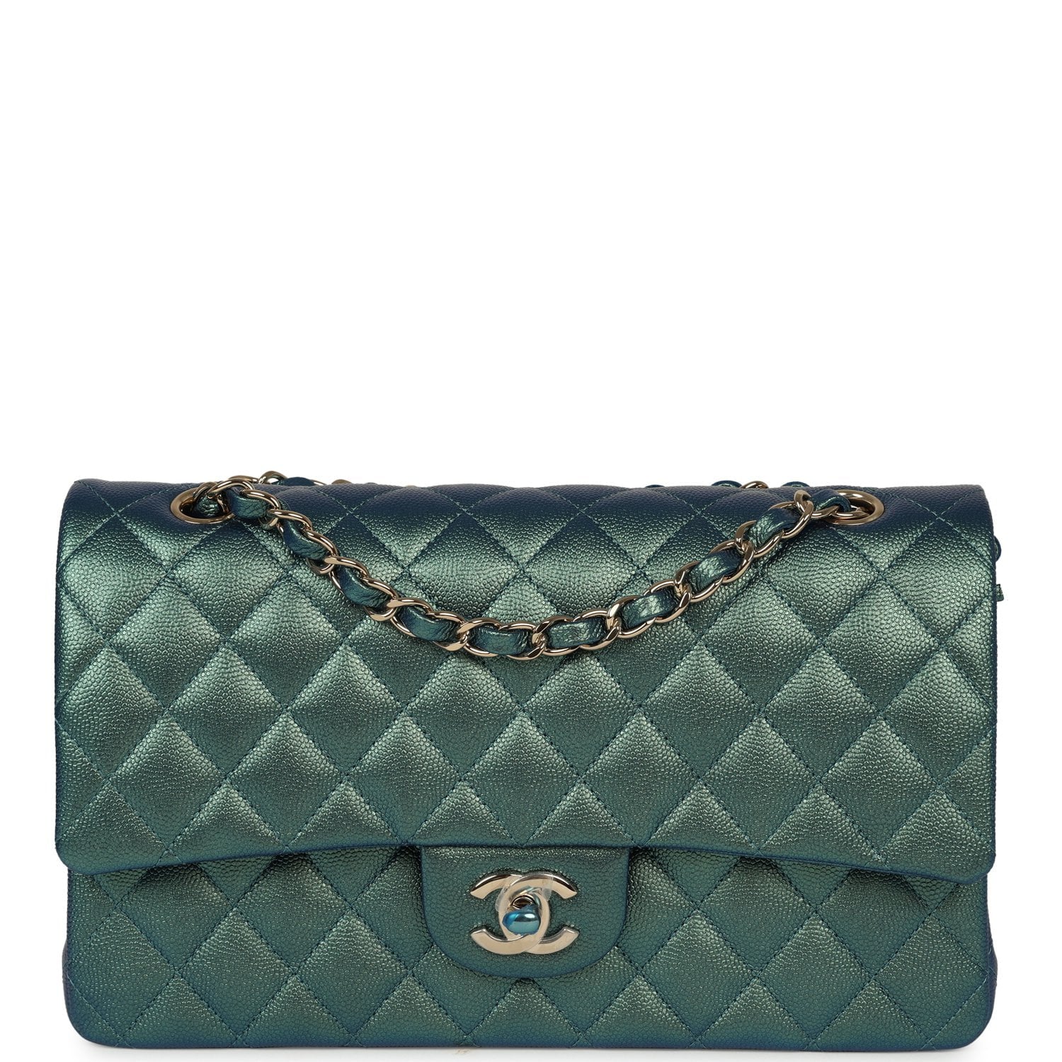 CHANEL Medium Classic Double Flap Bag Green Iridescent Caviar Light Gold Hardware