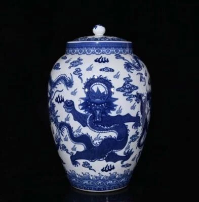 56CM Qianlong Signed Old Chinese Blue and White Lid Pot W/dragon N320