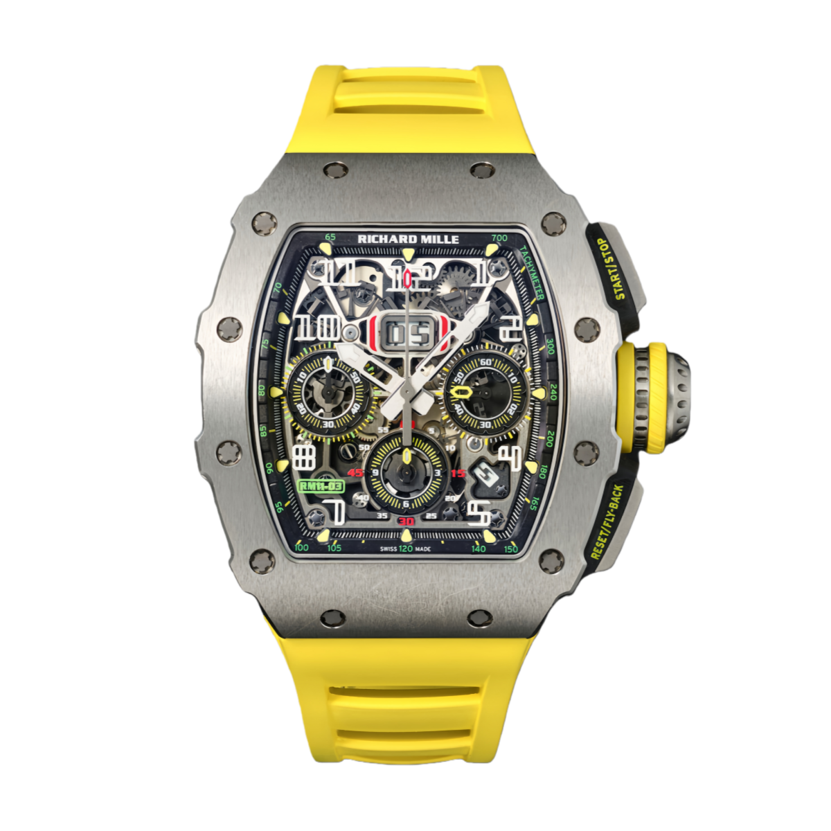【7A Quality】Richard Mille RM 11-03 Titanium Skeleton Dial Yellow Strap