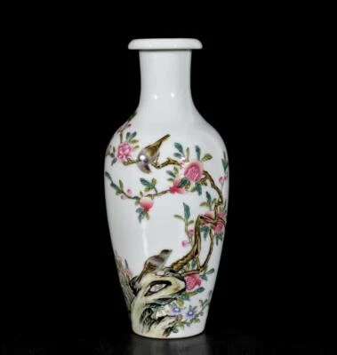 Pair Yongzheng Signed Old Chinese Colour Enamel Vase W/bird N3225