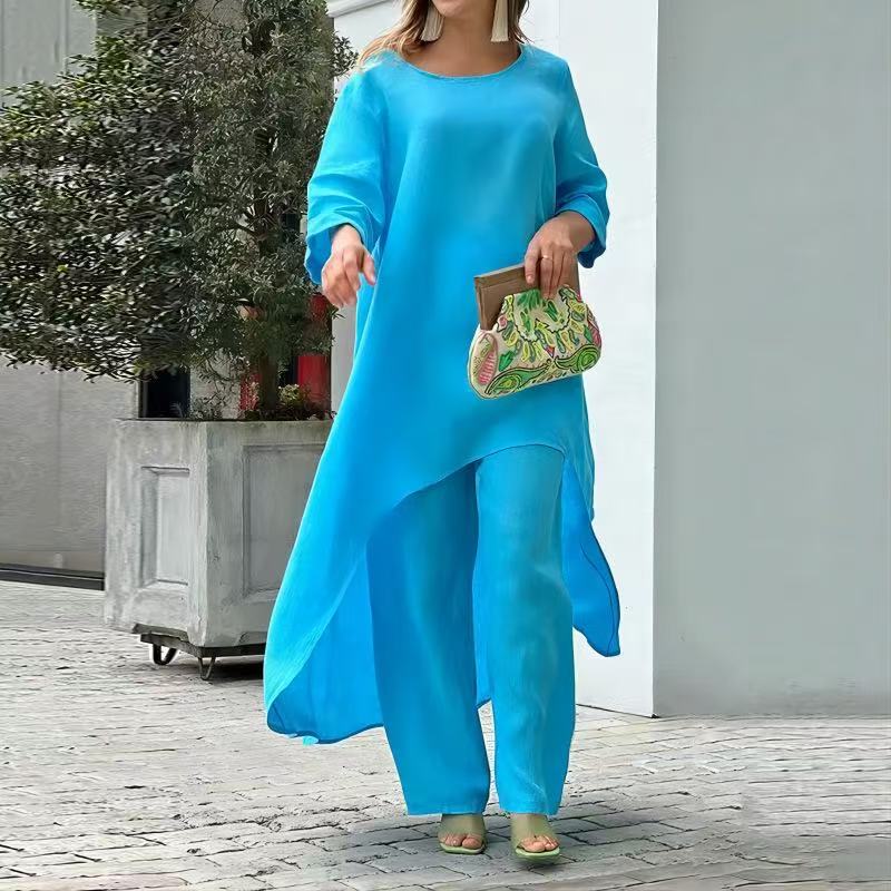 2 Piece Cotton Set for Women Long Sleeve Irregular Pullover Linen Shirt Fall Casual Wide Leg Pants Sui