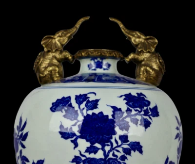 42CM Qianlong Signed Old Chinese Blue and White Vase w/peach N4050