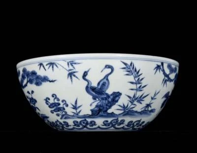 Xuande Signed Old Chinese Blue and White Bowl W/crane N3408