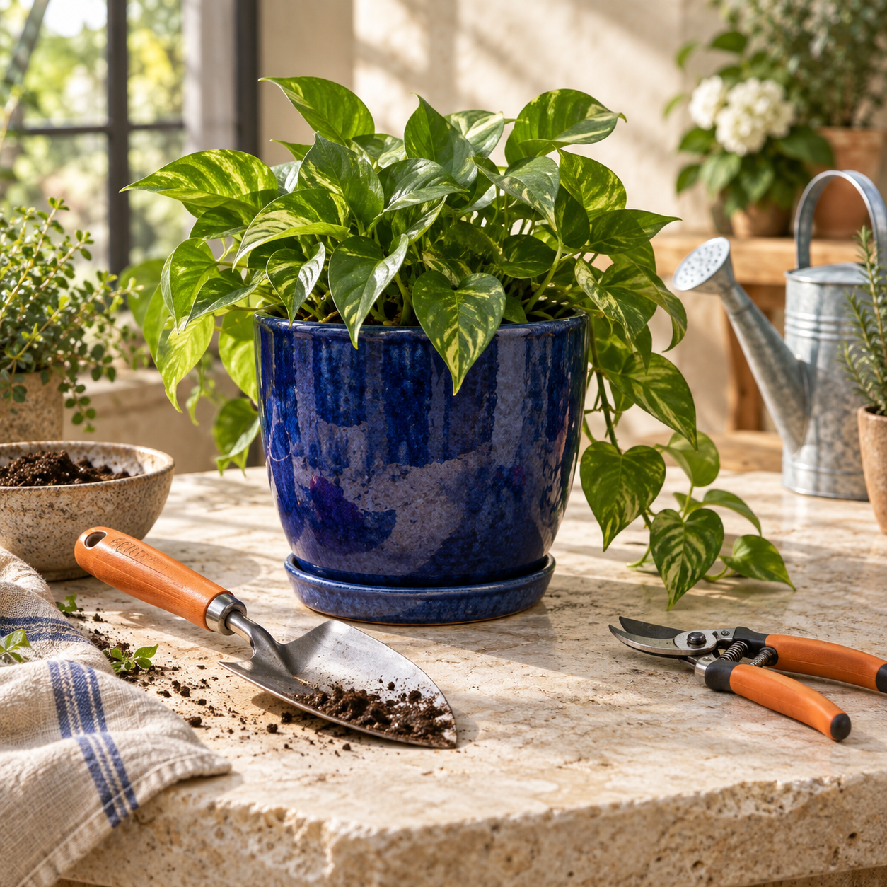 Blue planter and garden tools