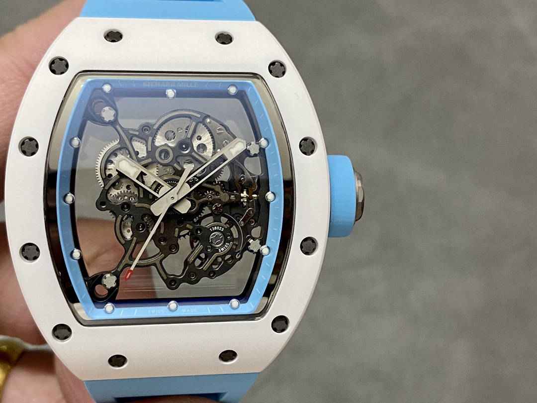 【7A Quality】Richard Miller RM 055 RMUL2 NTPT Carbon Fiber Blue Rubber Strap