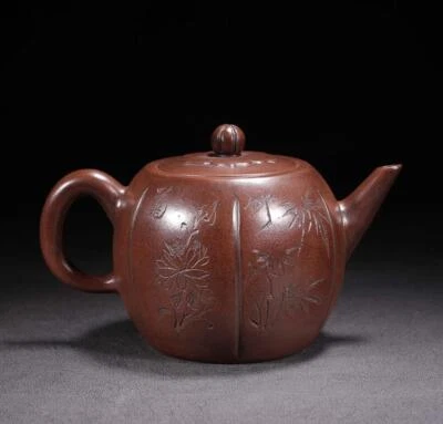 Gu Jingzhou Signed Old Chinese Handmade Yixing Zisha Teapot w/flower N2105