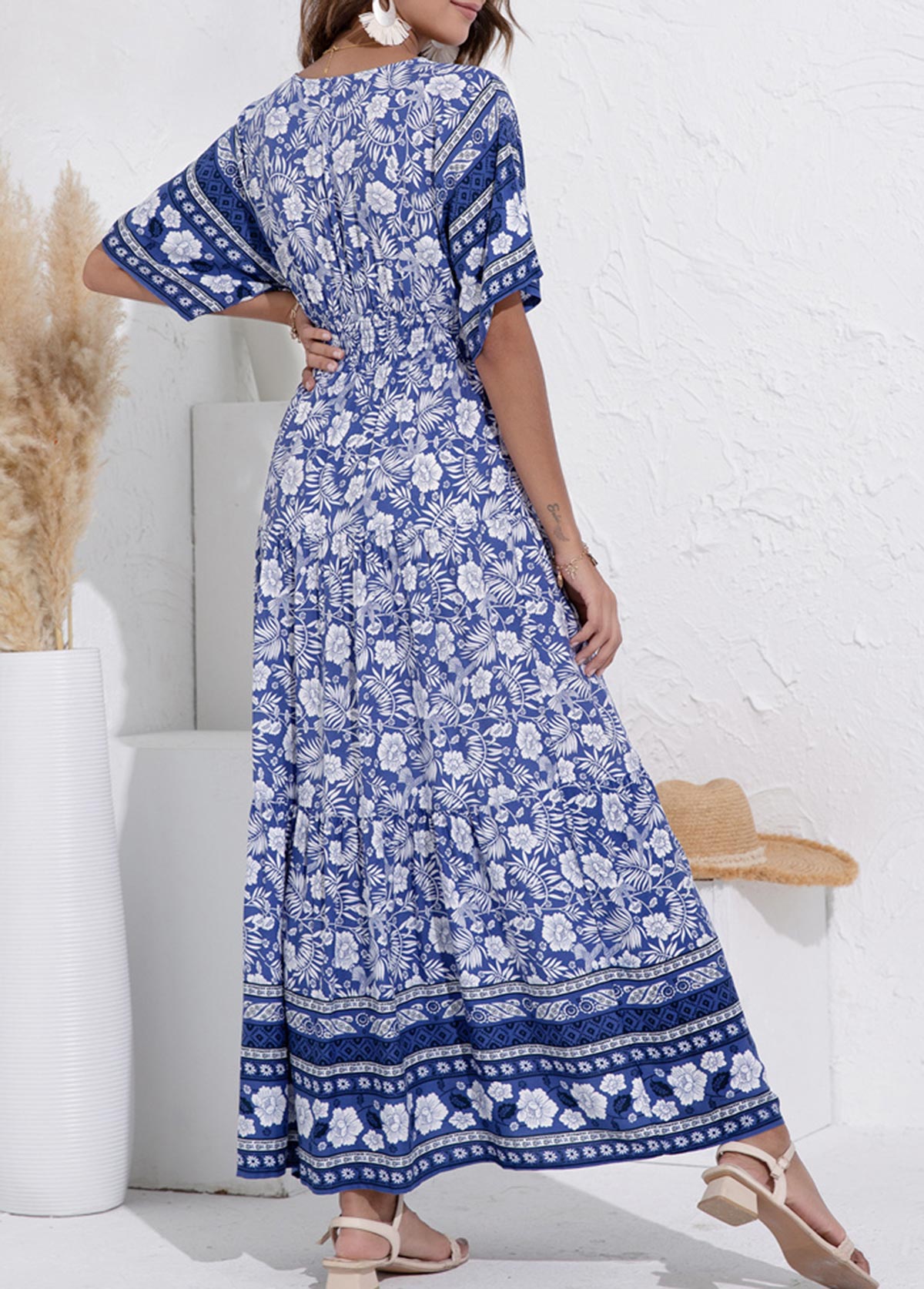 Navy Blue Floral Print V Neck Dress