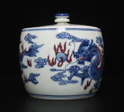 Qianlong Signed Antique Chinese Blue & White Porcelain Tea Caddy w/ dragon