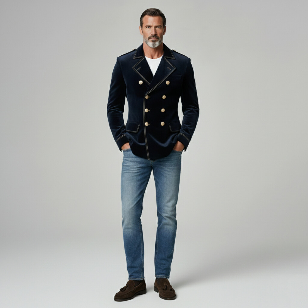 Men's Business Casual Navy Blue Velvet Notched Lapel Double Breasted Long Sleeve Blazers