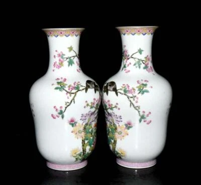 Yongzheng Signed Pair Old Chinese Famille Rose Vase W/bird N3039