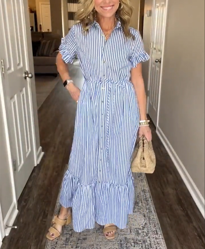 NEW🔥Striped Cotton Lapel Button Shirt Dress