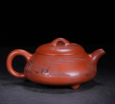 Jinding Signed Old Chinese Handmade Yixing Zisha Teapot w/landscape N158