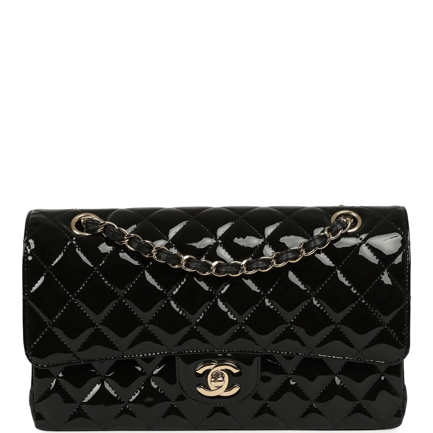 CHANEL Medium Classic Double Flap Bag Black Patent Light Gold Hardware