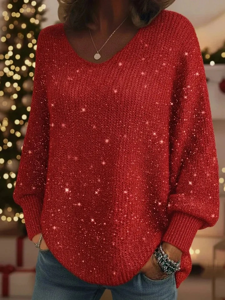 🌲 SALE🔥 Christmas Sparkling Cozy V-neck Lantern Sleeve Knit Sweater