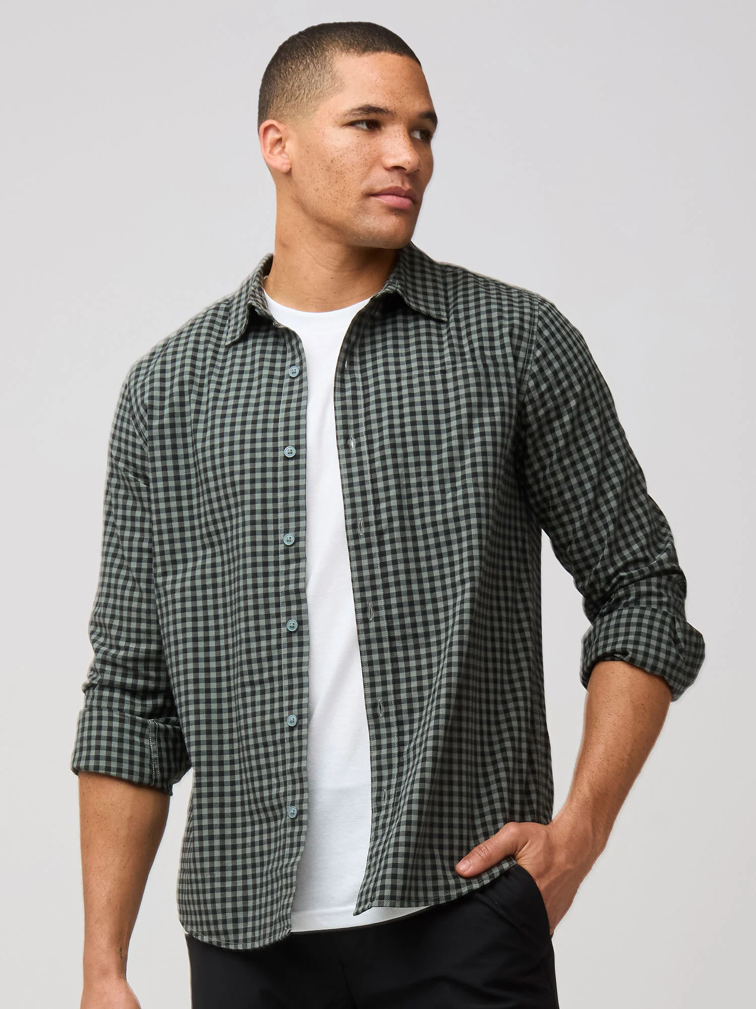 Black + Mercury Green Gingham Long Sleeve Button Up