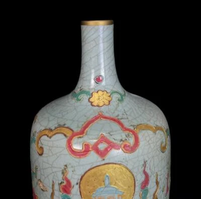 28CM Signed Old Chinese Ru Yao Ru Kiln Vase w/Guanyin Buddha N601