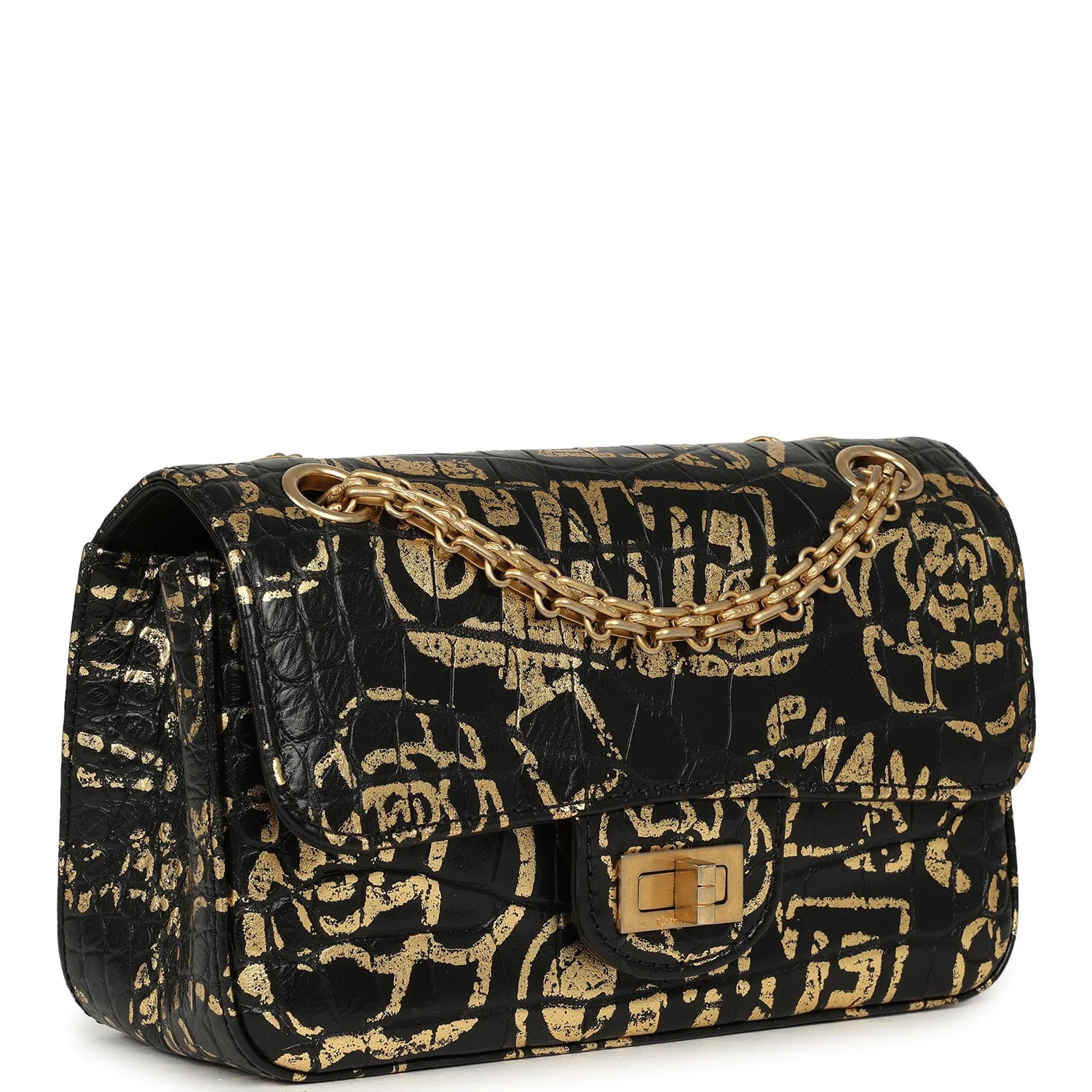 CHANEL Mini Graffiti Reissue 224 2.55 Flap Bag Black, Gold Croc Embossed Calfskin Brushed Gold Hardware