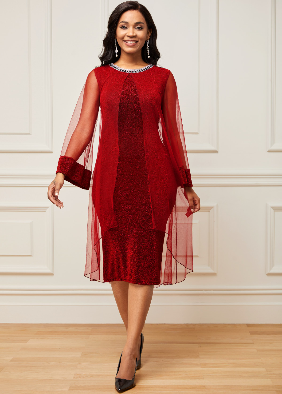 Chiffon Mesh Stitching Wine Red Embellished Neck Dress