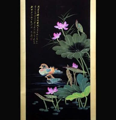 Wang Xuetao Signed Chinese Hand Painted Calligraphy Scroll w/mandarin duck N2706