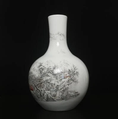 40.5CM Qianlong Signed Antique Chinese Ink Color Vase W/ landscape