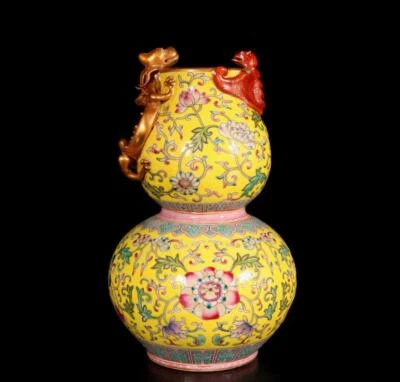 Yongzheng Signed Old Chinese Colour Enamel Yellow Glaze Vase W/flower N1393