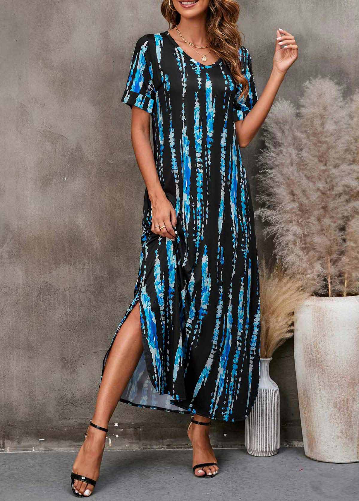 Blue Striped Double Side Pockets V Neck Dress