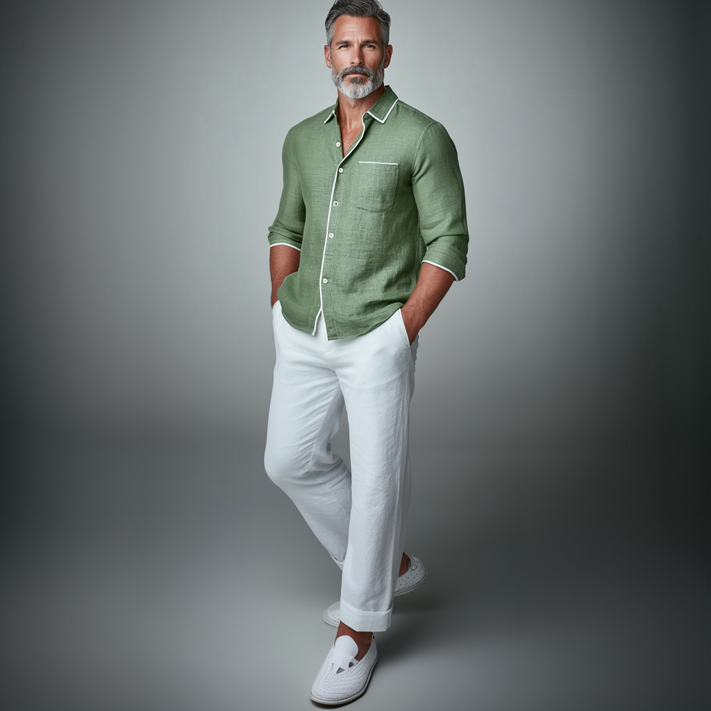 Men's Turndown Collar Button Chest Pocket Contrast Binding Long Sleeve Shirt