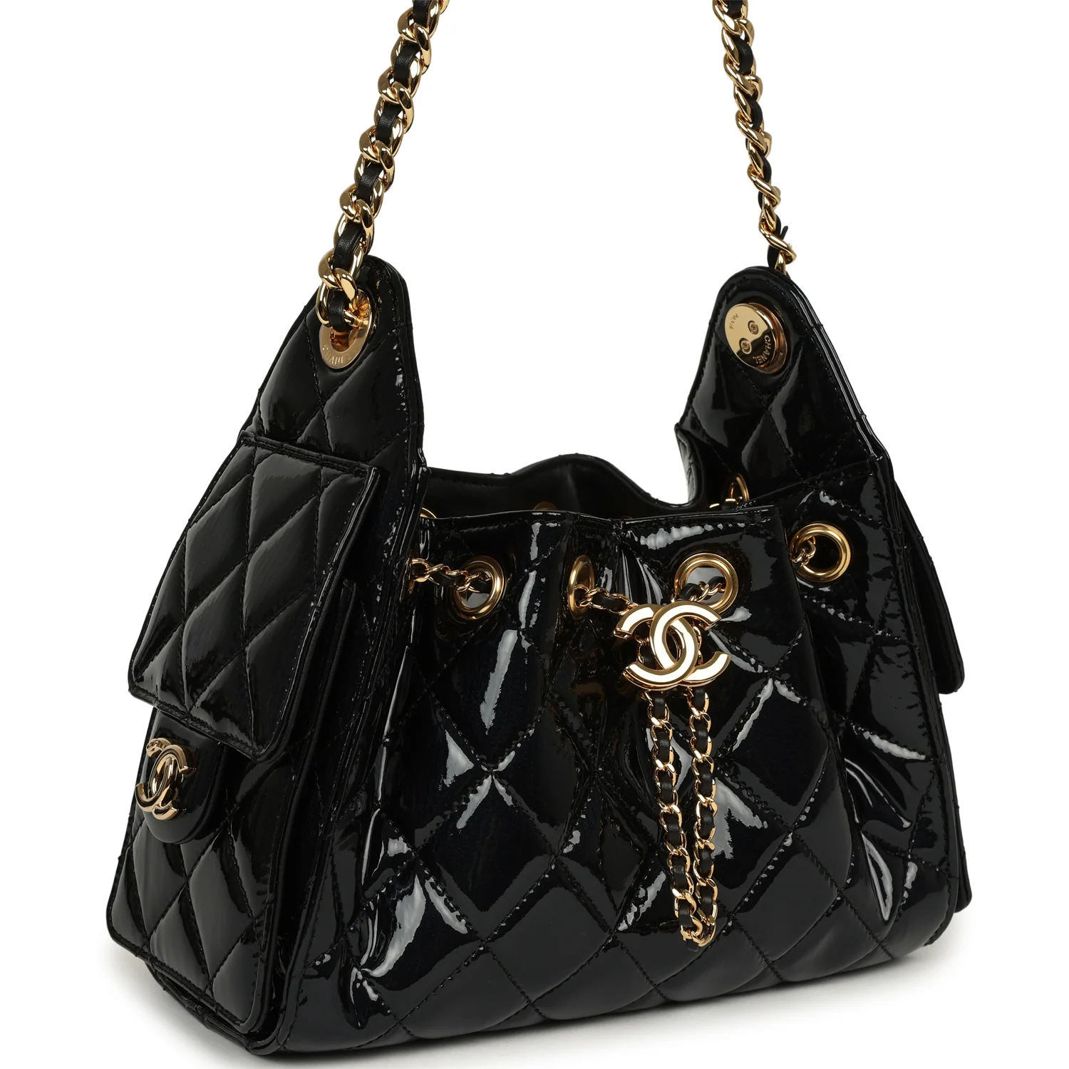 CHANEL Mini 25 Hobo Bag Black Patent Lambskin Gold Hardware