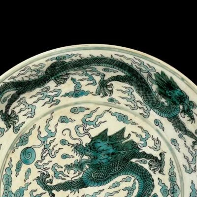 Kangxi Signed Old Chinese Green Glaze Porcelain Plate Dish w/dragon Q13