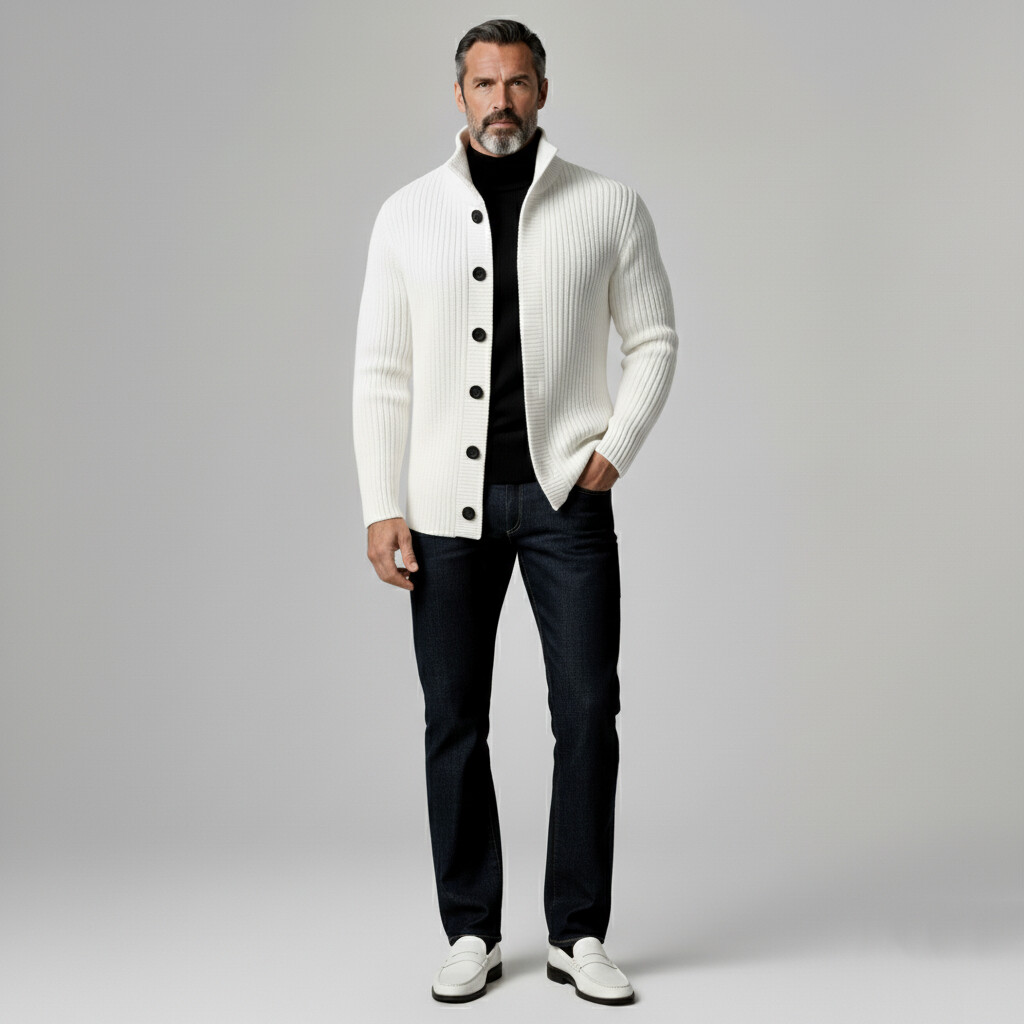Men's White Stand Collar Long Sleeve Button Ribbed Knit Sweater Jacket