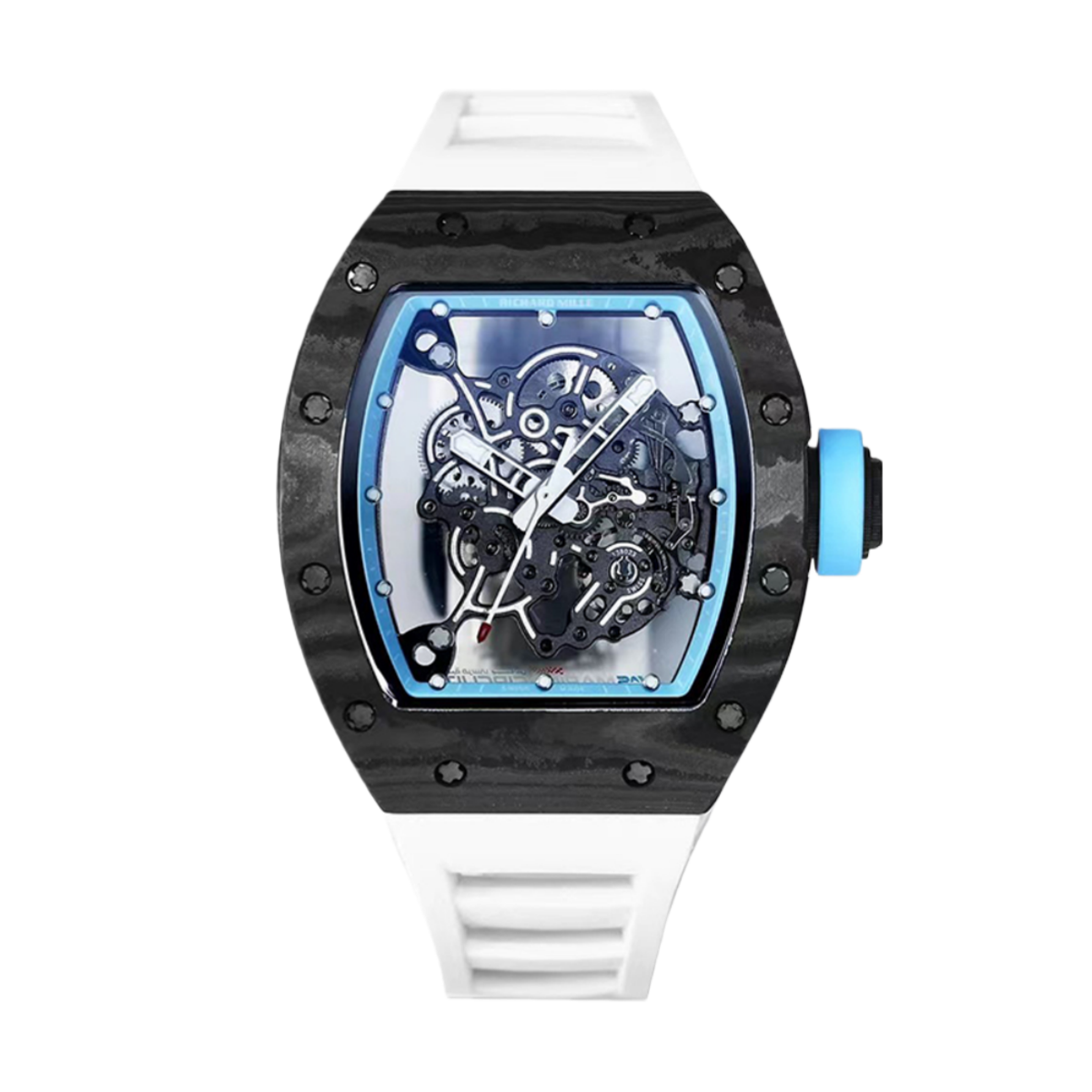 【7A Quality】Best Replica RICHARD MILLE RM 055 Skeleton Watch - Swiss Movement Super Clone, Carbon Fiber Case, Sporty White Rubber Strap