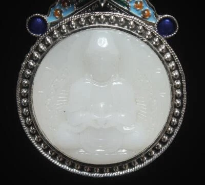 69G Chinese Carved Nephrite Jade Pendant Inlay Tibet Silver